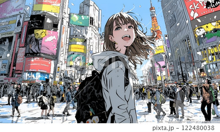 街中で大声で呼びかけている若い女性