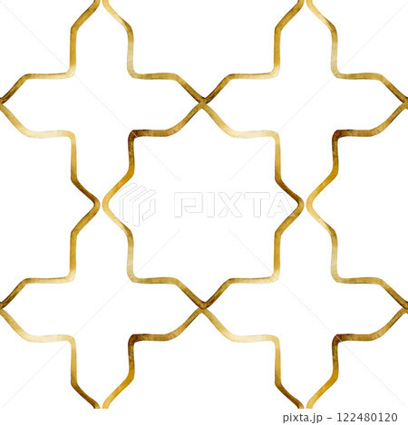 Islamic golden ornament seamless pattern. Arabesque, Ottoman, Oriental decorative design. Watercolor hand painted isolated illustration for Ramadan Kareem, Muslim holiday, Eid Mubarak, Al Fitr, Adha Islamic golden ornament seamless pattern. Arabesque, Ottoman, Oriental decorative design. Watercolor hand painted isolated illustration for Ramadan Kareem, Muslim holiday, Eid Mubarak, Al Fitr, Adha 122480120
