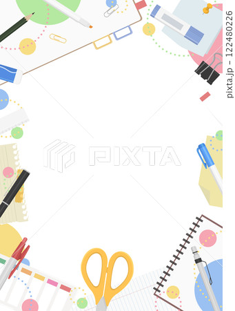 文房具のフレーム背景、ポップなデザイン、縦向き 122480226