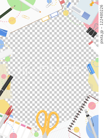 文房具のフレーム背景、ポップなデザイン、縦向き 122480226