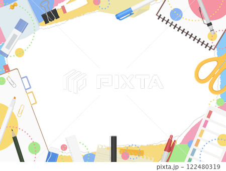 破れた紙と文房具のフレーム背景、ポップなデザイン 122480319