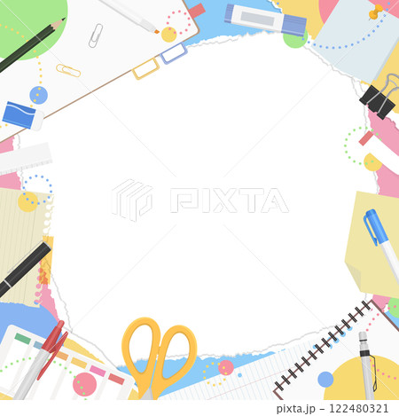 破れた紙と文房具のフレーム背景、ポップなデザイン、正方形サイズ 破れた紙と文房具のフレーム背景、ポップなデザイン、正方形サイズ 122480321