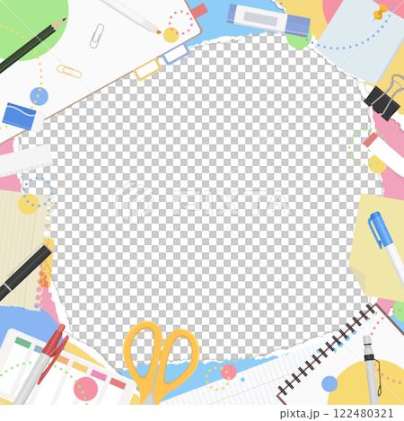 破れた紙と文房具のフレーム背景、ポップなデザイン、正方形サイズ 破れた紙と文房具のフレーム背景、ポップなデザイン、正方形サイズ 122480321
