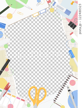 破れた方眼紙と文房具のフレーム背景、ポップなデザイン、縦向き 122480323