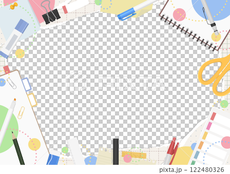 破れた方眼紙と文房具のフレーム背景、ポップなデザイン 122480326