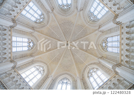 The stunning ceiling of the Schwarzenberg Tomb reveals intricate architecture and beautiful stained glass. Located in Domanin near Trebon, the tomb showcases historical artistry and design. 122480328
