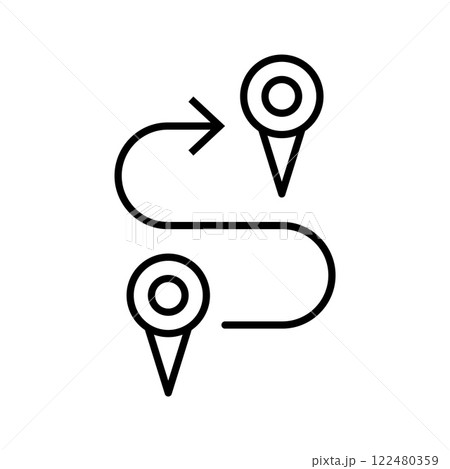 Route between two map pins, indicating direction and travel, isolated on a white background. Geolocation map path distance. Route between two map pins, indicating direction and travel, isolated on a white background. Geolocation map path distance. 122480359
