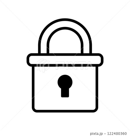 Closed, rectangular padlock with a keyhole and shackle, isolated on a white background. Closed, rectangular padlock with a keyhole and shackle, isolated on a white background. 122480360