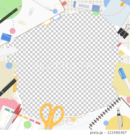 Torn graph paper and stationery frame background, pop design, square size 122480367