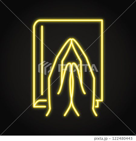 Praying hands over holy book neon icon Praying hands over holy book neon icon 122480443