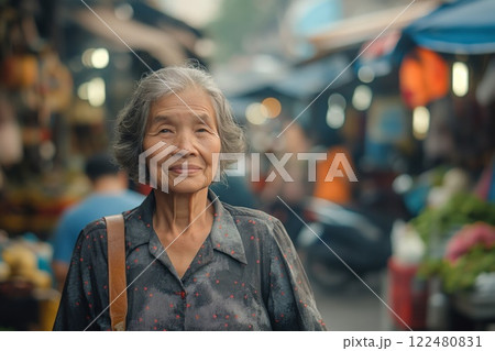 Content retired woman enjoying a leisurely walk with a gentle smile and a bustling market background 122480831