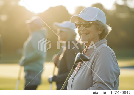 Smiling retired woman playing golf with her friends on a beautiful, sunlit course, showcasing active lifestyle in golden years 122480847