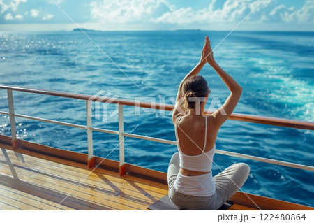 Woman practicing yoga, meditating in a lotus pose on a cruise ship deck with a backdrop of the tranquil ocean horizon 122480864