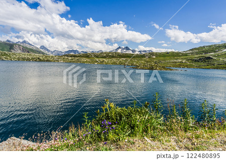 Mountain landscape with lake at Grimsel Pass in the Swiss Alps, Canton Valais, Switzerland 122480895