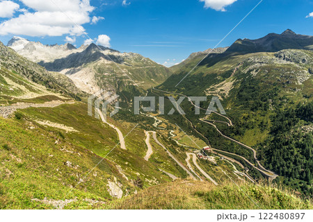 Serpentines of the Grimsel and Furka Pass roads in the Swiss Alps, Canton Valais, Switzerland Serpentines of the Grimsel and Furka Pass roads in the Swiss Alps, Canton Valais, Switzerland 122480897