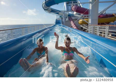 Excited family sliding down a vibrant blue water slide, splashing joyously with clear blue skies in the backdrop on a sunny day Excited family sliding down a vibrant blue water slide, splashing joyously with clear blue skies in the backdrop on a sunny day 122480958