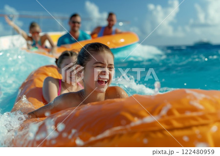 Joyful family enjoys an exhilarating banana boat ride, splashing through blue waves under a sunny, clear sky on vacation 122480959