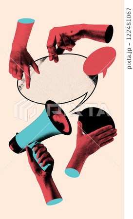 Visual communication. Multiple hands interact with speech bubbles and a megaphone, symbolizing teamwork in communication. 122481067