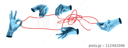 Conceptual cover style design of hands untangling red thread, representing teamwork in solving complex challenges. 122481090
