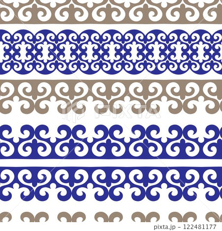 Ethnic turkic seamless pattern gold with blue. Golden blue Ethnic pattern Turk, Kyrgyz, Kazakhs, Uzbek, Mongols. Print with ethnic motifs. For wallpaper, fabrics, gift wrapping, home textile, Paper.  122481177