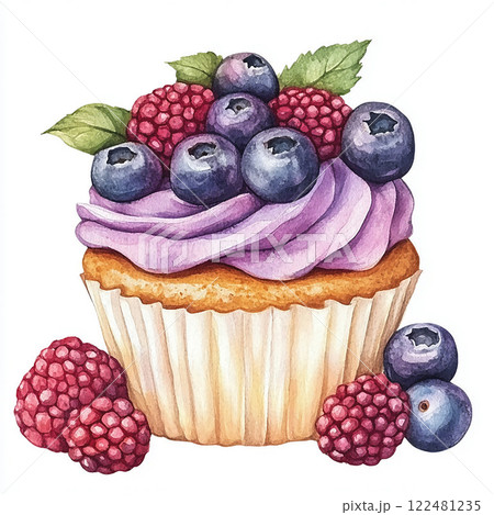 Watercolor cupcake with pink cream, mint and berries. Pastry picture for design on white background Watercolor cupcake with pink cream, mint and berries. Pastry picture for design on white background 122481235