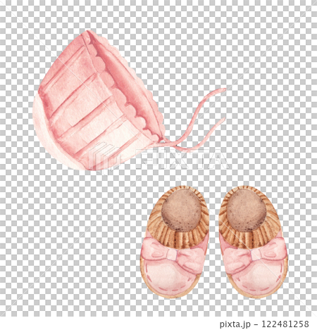 Set of Infant accessories. Baby Girl pink Cap and Booties. Hand drawn Watercolor illustration of cute Bonnet and Shoes for Newborn isolated on a white background. For invitations, Gender party, Baby Set of Infant accessories. Baby Girl pink Cap and Booties. Hand drawn Watercolor illustration of cute Bonnet and Shoes for Newborn isolated on a white background. For invitations, Gender party, Baby 122481258