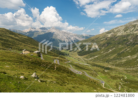 View of the serpentines of the Spluegen pass road in the Swiss Alps, Canton of Grisons, Switzerland View of the serpentines of the Spluegen pass road in the Swiss Alps, Canton of Grisons, Switzerland 122481800