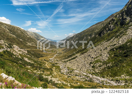 Mountain panorama at the Gotthard Pass in the Swiss Alps, Canton of Uri, Switzerland Mountain panorama at the Gotthard Pass in the Swiss Alps, Canton of Uri, Switzerland 122482518