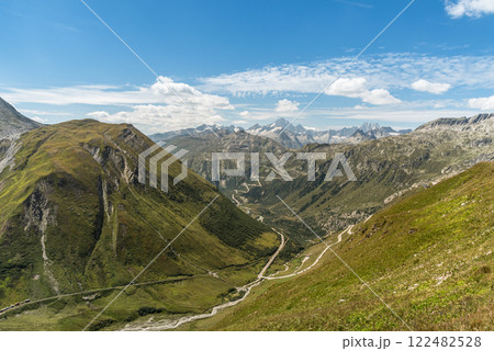 View from the Furka Pass into the Rhone Valley in the Swiss Alps, Canton of Valais, Switzerland View from the Furka Pass into the Rhone Valley in the Swiss Alps, Canton of Valais, Switzerland 122482528