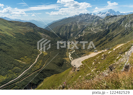 View from the Furka Pass into the Rhone Valley in the Swiss Alps, Canton of Valais, Switzerland View from the Furka Pass into the Rhone Valley in the Swiss Alps, Canton of Valais, Switzerland 122482529