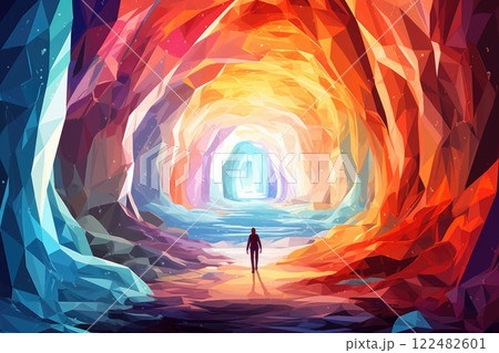 lonely person in cave full of diamonds illustration 122482601
