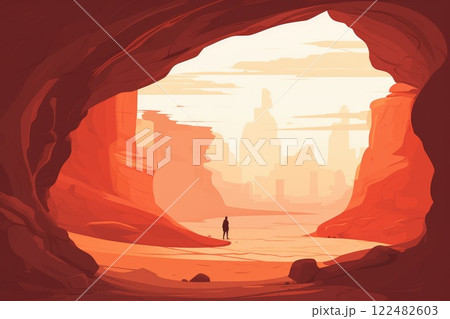 lost person in a cave in desert landscape illustration 122482603