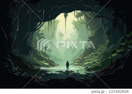 lost person in natural cave in tropical jungle illustration 122482604