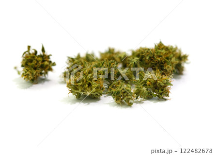Marijuana flower isolated on white background. Cannabis plant close up. Marijuana flower isolated on white background. Cannabis plant close up. 122482678
