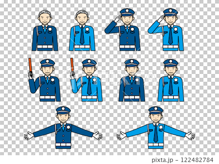 Pose set of elderly male security guard: salute, guide, no entry 122482784