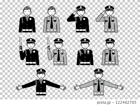 Male security guard pose set: salute, guide, no entry 122482785