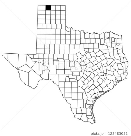 Map of Sherman County in Texas state on white background. single County map highlighted by black colour on Texas map. UNITED STATES, US 122483031