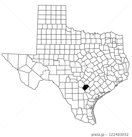 Map of Wilson County in Texas state on white background. single County map highlighted by black colour on Texas map. UNITED STATES, US 122483032