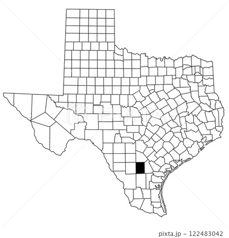 Map of McMullen County in Texas state on white background. single County map highlighted by black colour on Texas map. UNITED STATES, US 122483042