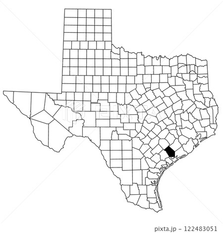 Map of Jackson County in Texas state on white background. single County map highlighted by black colour on Texas map. UNITED STATES, US 122483051