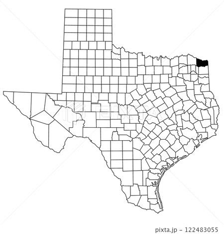 Map of Bowie County in Texas state on white background. single County map highlighted by black colour on Texas map. UNITED STATES, US 122483055