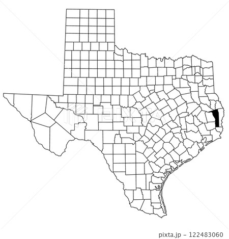 Map of Jasper County in Texas state on white background. single County map highlighted by black colour on Texas map. UNITED STATES, US 122483060
