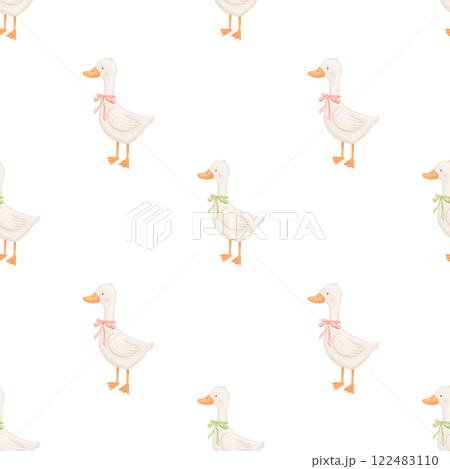 Seamless pattern with cute goose on white, baby animal, watercolor illustration, hand drawn repeating backdrop for kids 122483110