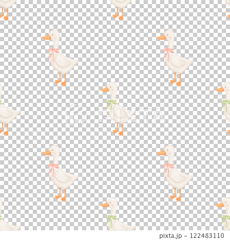 Seamless pattern with cute goose on white, baby animal, watercolor illustration, hand drawn repeating backdrop for kids 122483110