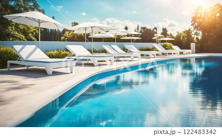 Beautiful modern outdoor swimming pool with clear clean blue water with white sun loungers on the sides 122483342