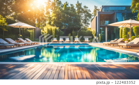 Beautiful modern outdoor swimming pool with clear clean blue water with white sun loungers on the sides Beautiful modern outdoor swimming pool with clear clean blue water with white sun loungers on the sides 122483352