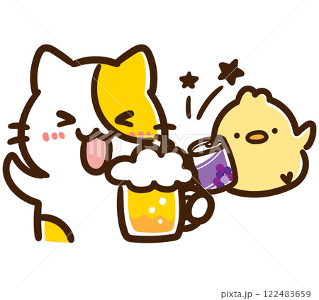 ジョッキと缶で乾杯をするかわいいねこのひよこのキャラクターのデフォルメイラスト ジョッキと缶で乾杯をするかわいいねこのひよこのキャラクターのデフォルメイラスト 122483659