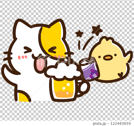 ジョッキと缶で乾杯をするかわいいねこのひよこのキャラクターのデフォルメイラスト ジョッキと缶で乾杯をするかわいいねこのひよこのキャラクターのデフォルメイラスト 122483659