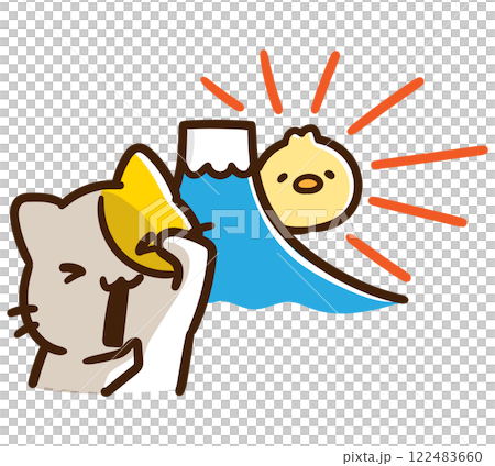 A deformed illustration of a cat character who can't see the first sunrise of the year from Mt. Fuji because the chicks are too bright A deformed illustration of a cat character who can't see the first sunrise of the year from Mt. Fuji because the chicks are too bright 122483660