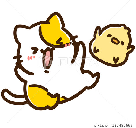全力で喜ぶかわいいねことひよこのキャラクターのデフォルメイラスト 全力で喜ぶかわいいねことひよこのキャラクターのデフォルメイラスト 122483663
